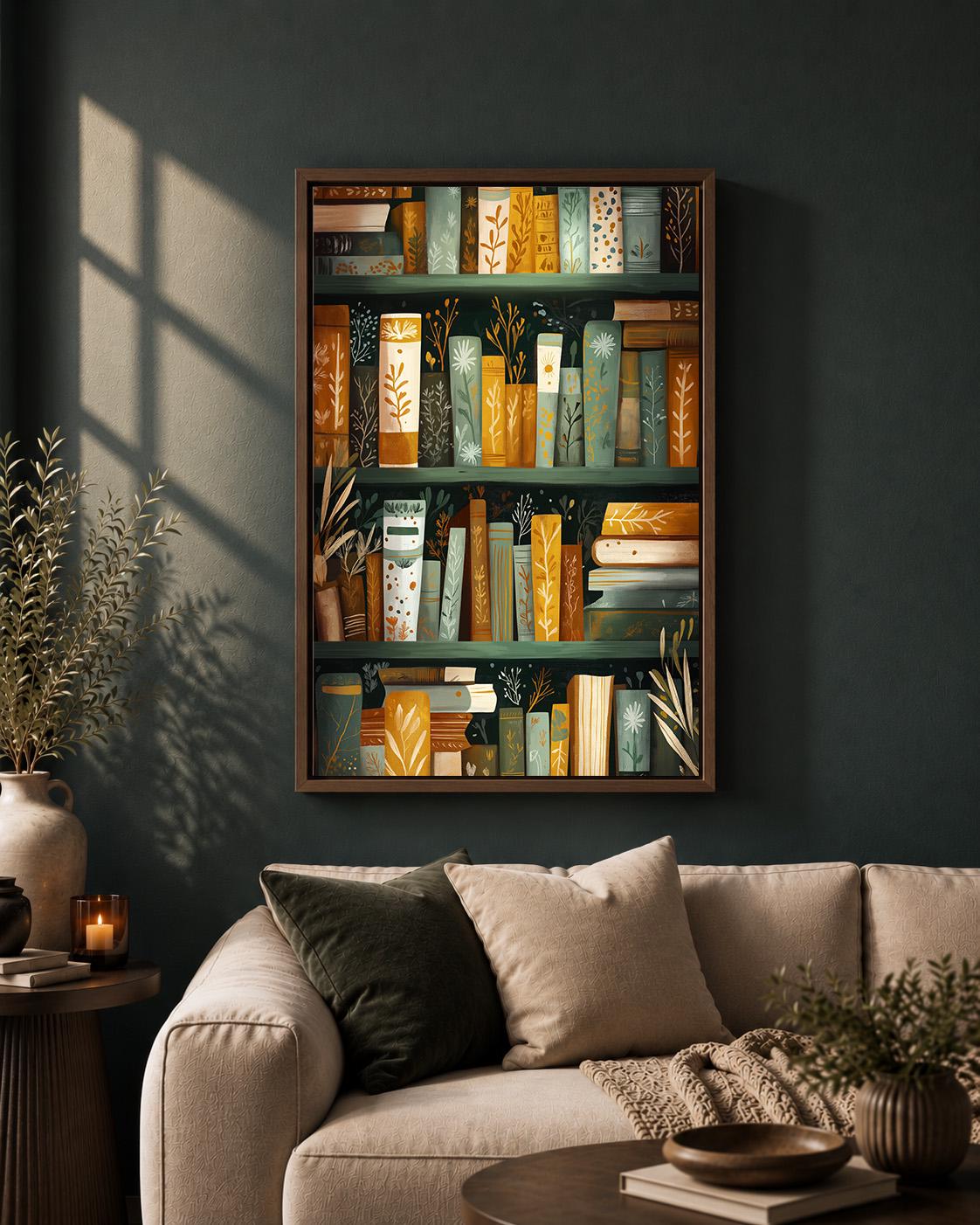 Botanical Bookshelf Dark Academia Book Green and Gold Library framed Canvas by The Wall Art Studio - physical