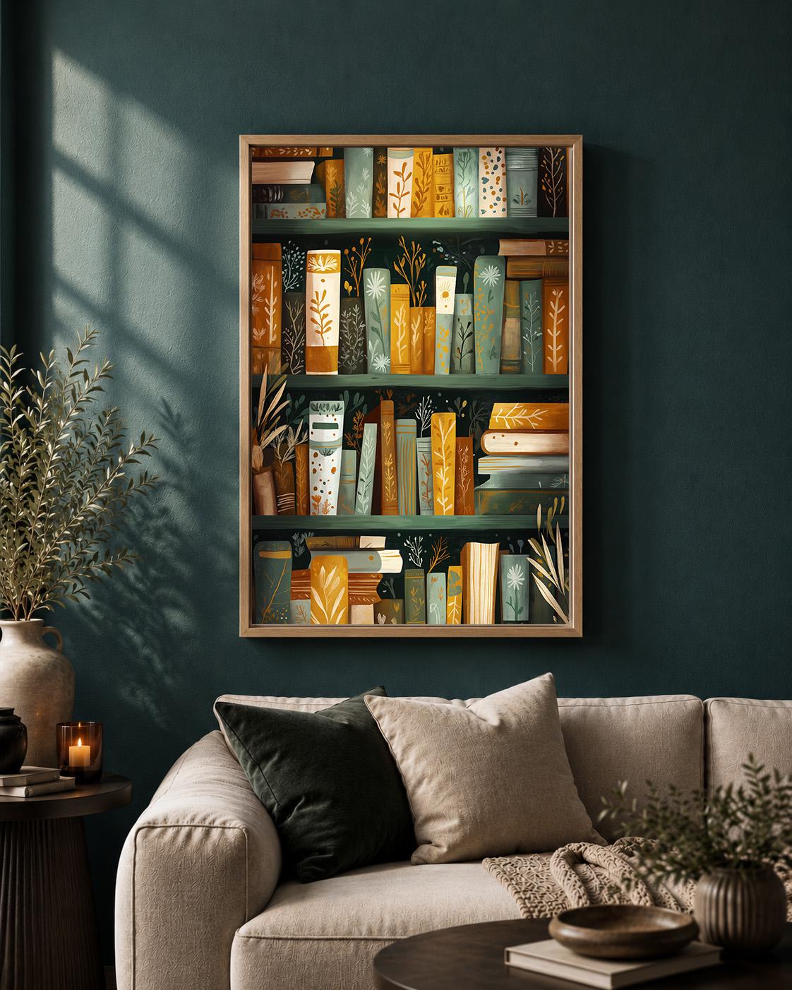 Botanical Bookshelf Dark Academia Book Green and Gold Library framed Canvas by The Wall Art Studio - physical