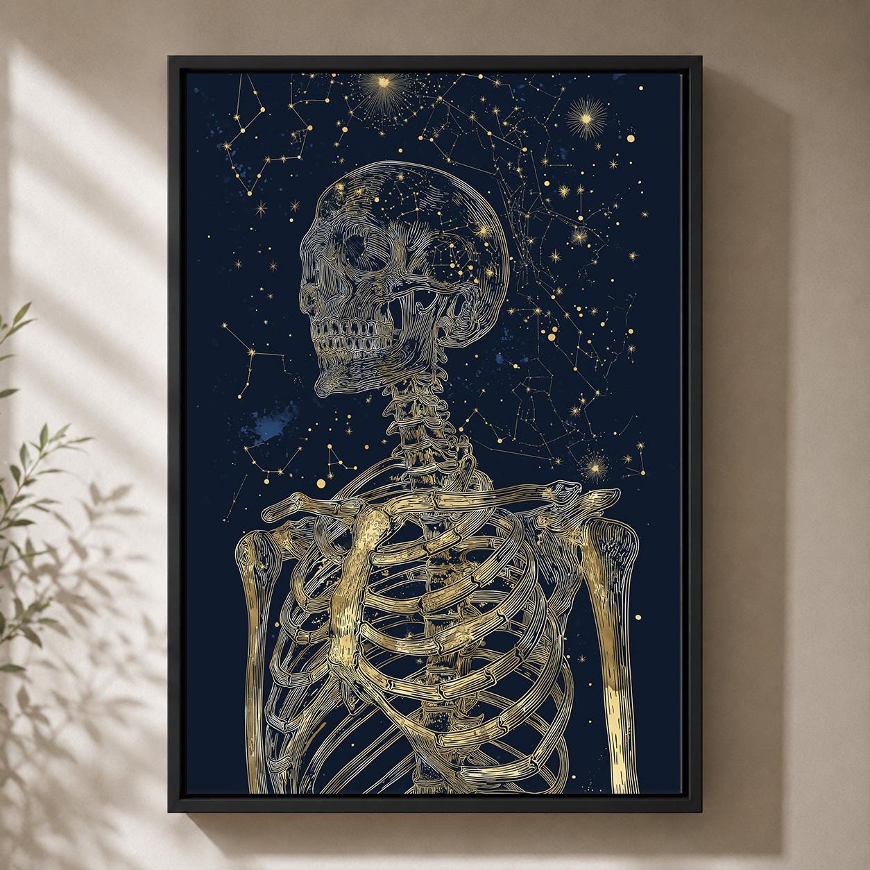 Celestial Skeleton Gothic Skull Gold and Navy Astrology Framed Canvas by The Wall Art Studio - physical