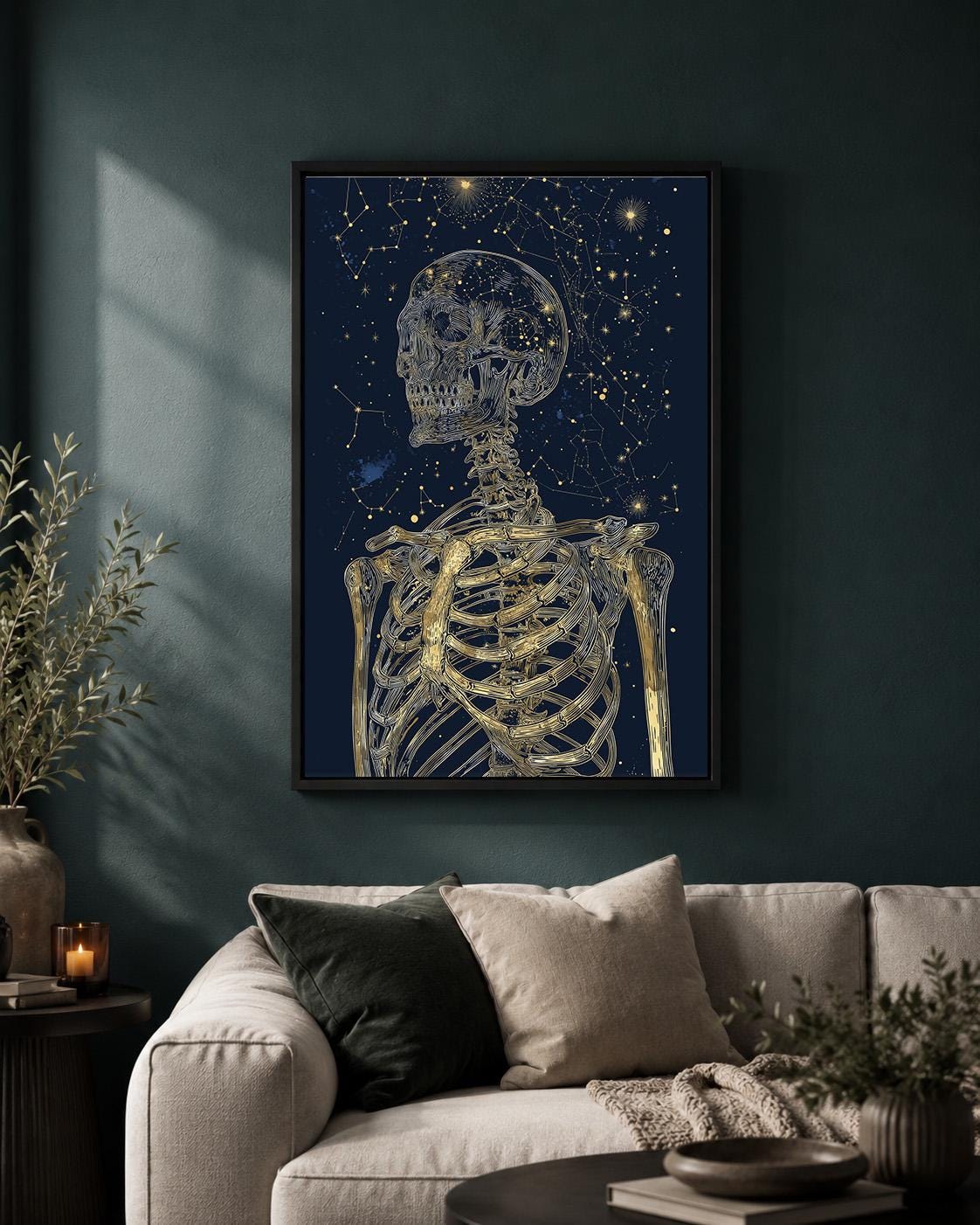 Celestial Skeleton Gothic Skull Gold and Navy Astrology Framed Canvas by The Wall Art Studio - physical