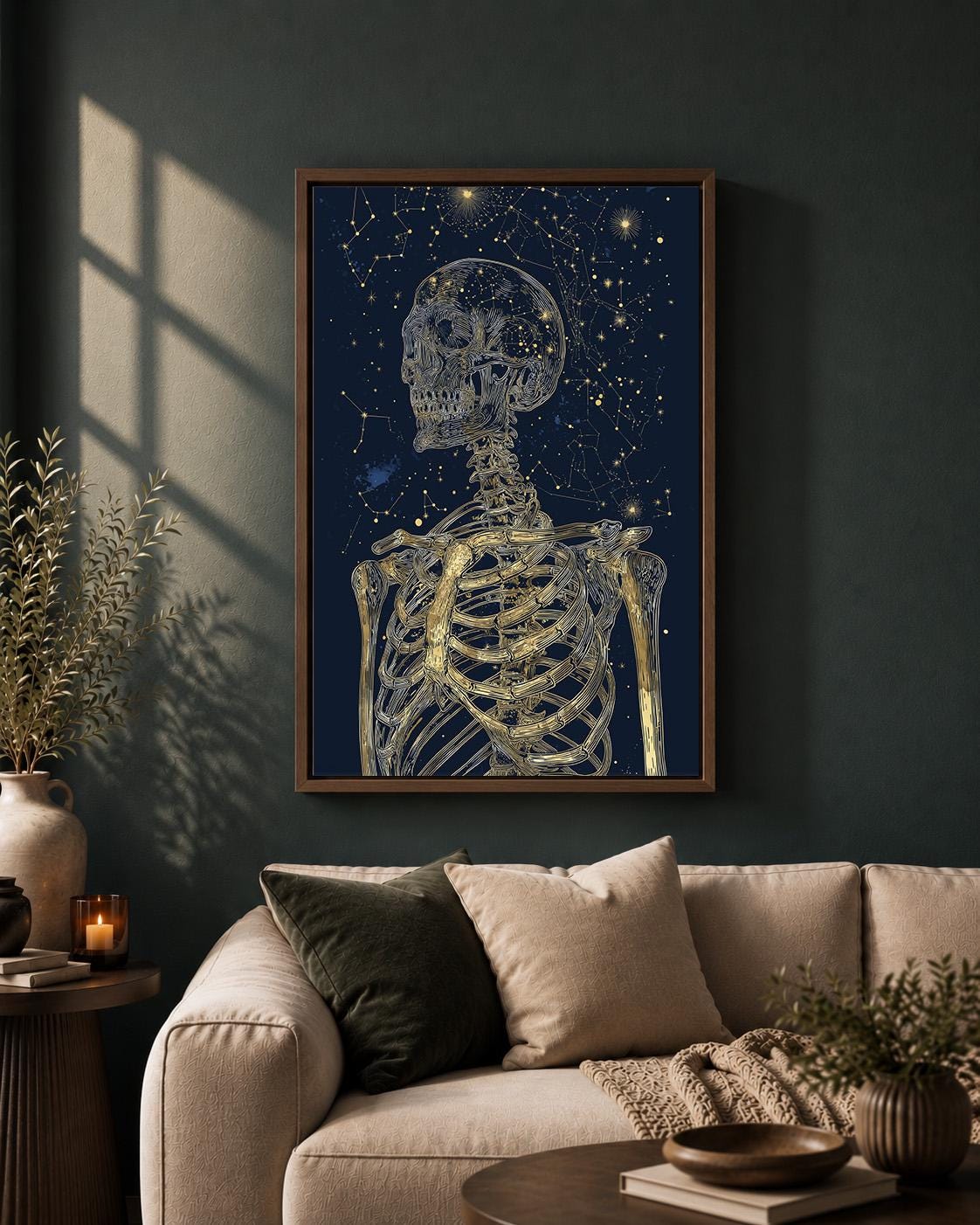 Celestial Skeleton Gothic Skull Gold and Navy Astrology Framed Canvas by The Wall Art Studio - physical