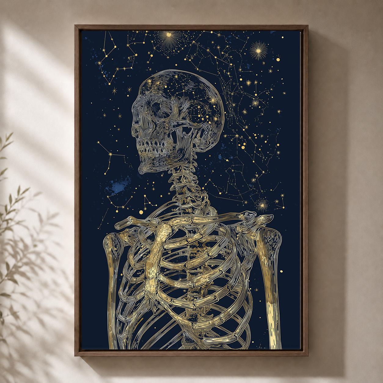Celestial Skeleton Gothic Skull Gold and Navy Astrology Framed Canvas by The Wall Art Studio - physical