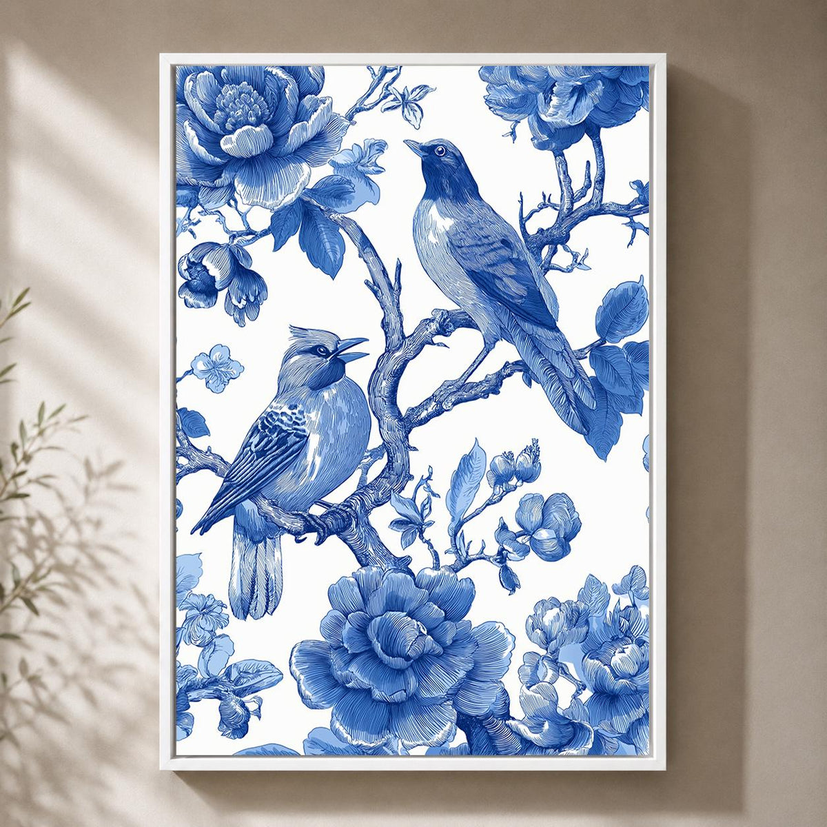Blue Chinoiserie Bird Vintage Floral Botanical Framed Canvas by The Wall Art Studio - physical