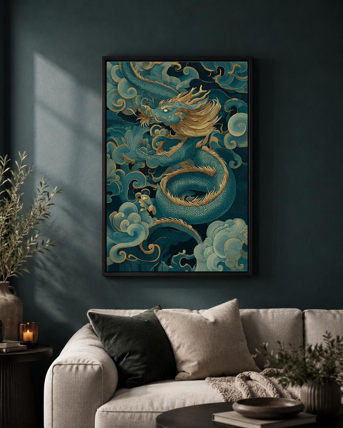 Japanese Dragon Blue & Gold Oriental Mythology Asian Framed Canvas by The Wall Art Studio - physical