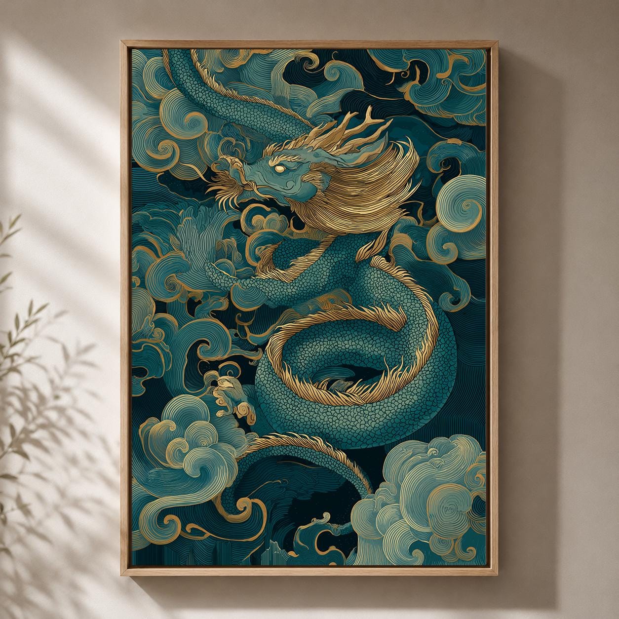 Japanese Dragon Blue & Gold Oriental Mythology Asian Framed Canvas by The Wall Art Studio - physical