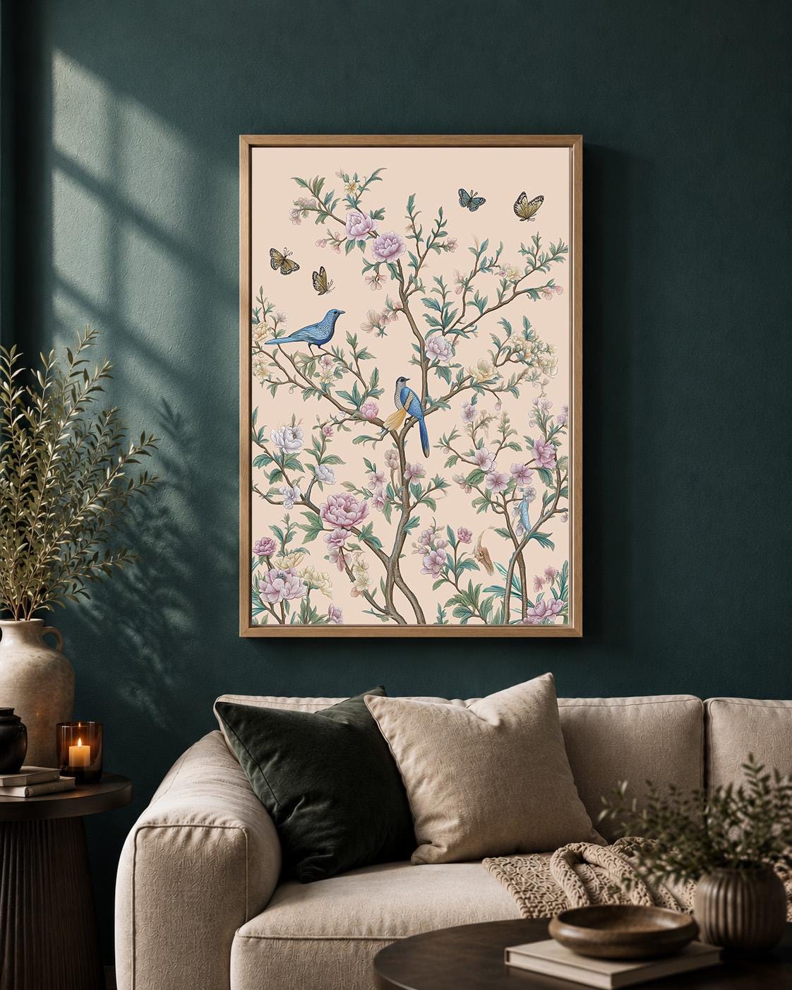Chinoiserie Birds Pink Floral Botanical Vintage Blossom Garden Framed Canvas by The Wall Art Studio - physical