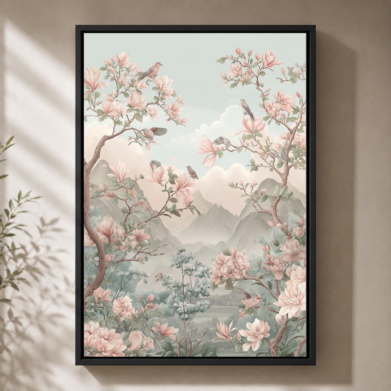 Chinoiserie Pink Magnolia Bird Pastel Mountain Asian Inspired Framed Canvas by The Wall Art Studio - physical