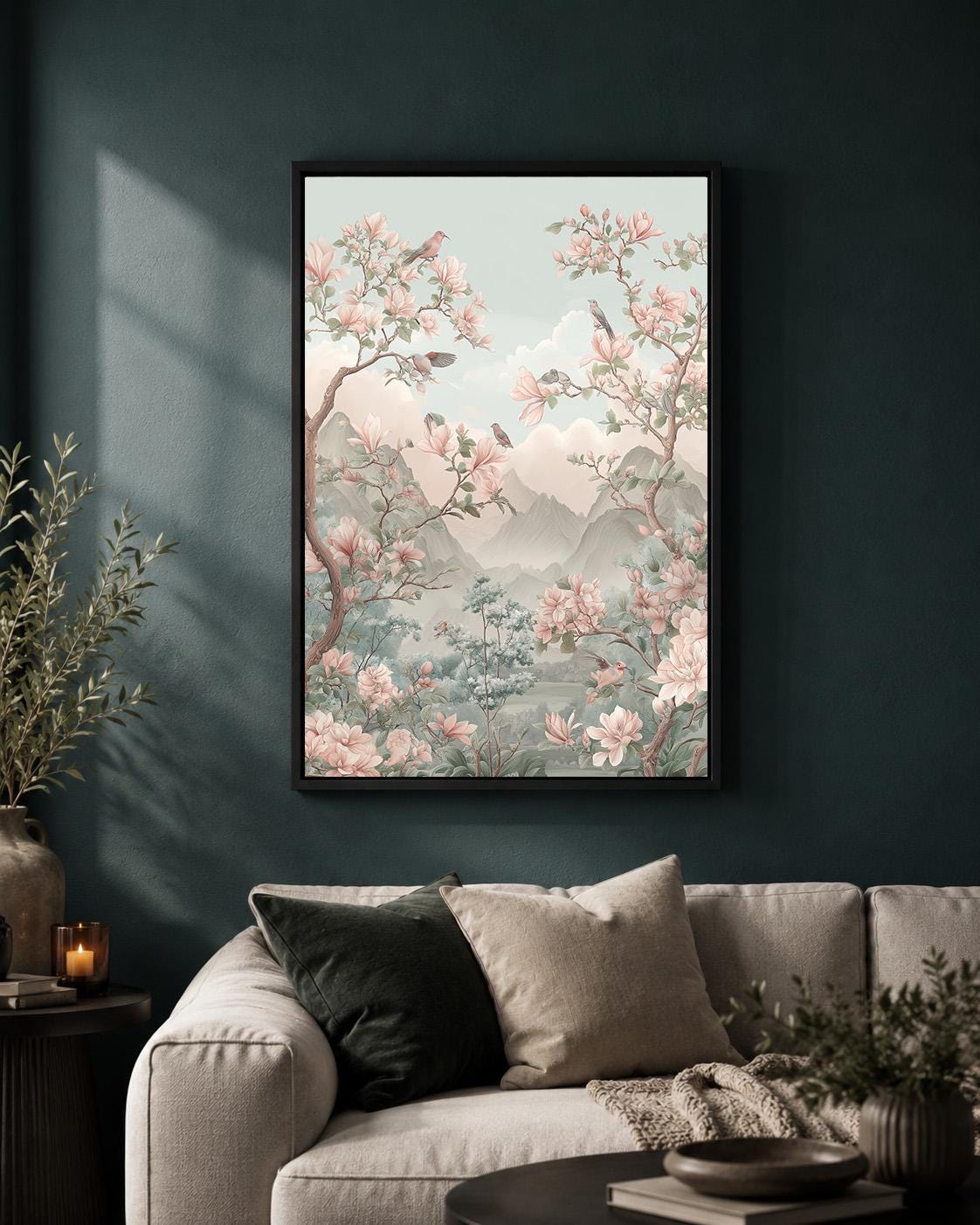 Chinoiserie Pink Magnolia Bird Pastel Mountain Asian Inspired Framed Canvas by The Wall Art Studio - physical