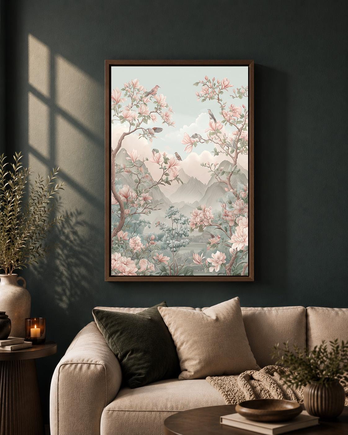 Chinoiserie Pink Magnolia Bird Pastel Mountain Asian Inspired Framed Canvas by The Wall Art Studio - physical