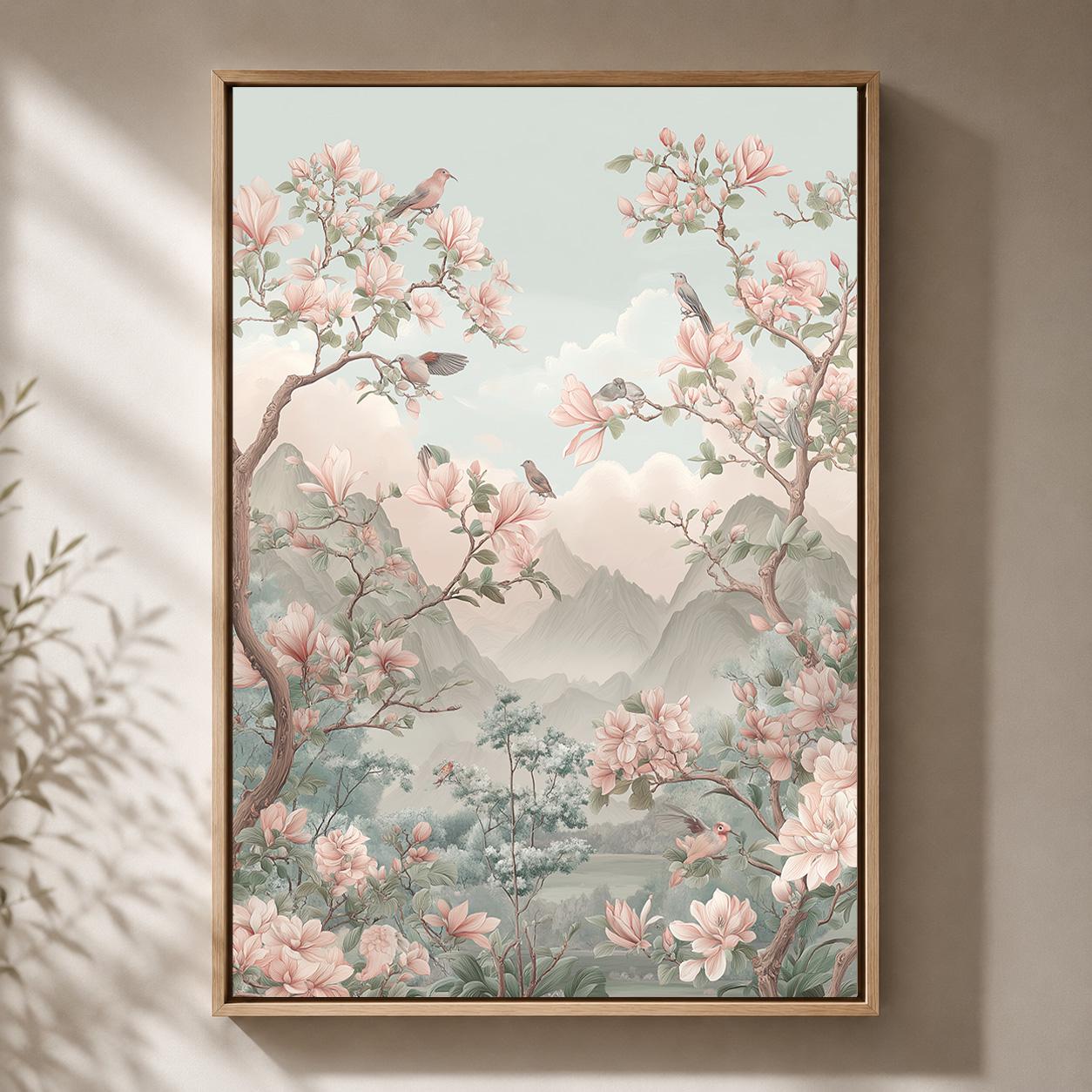 Chinoiserie Pink Magnolia Bird Pastel Mountain Asian Inspired Framed Canvas by The Wall Art Studio - physical