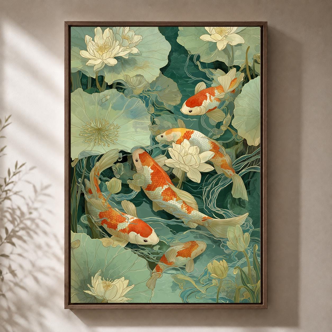 Koi Fish Lotus Pond Japanese Botanical Framed Canvas by The Wall Art Studio - physical
