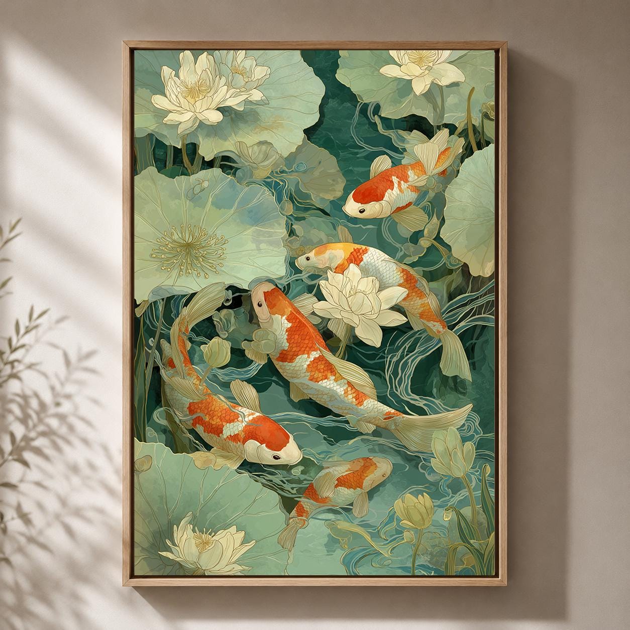 Koi Fish Lotus Pond Japanese Botanical Framed Canvas by The Wall Art Studio - physical