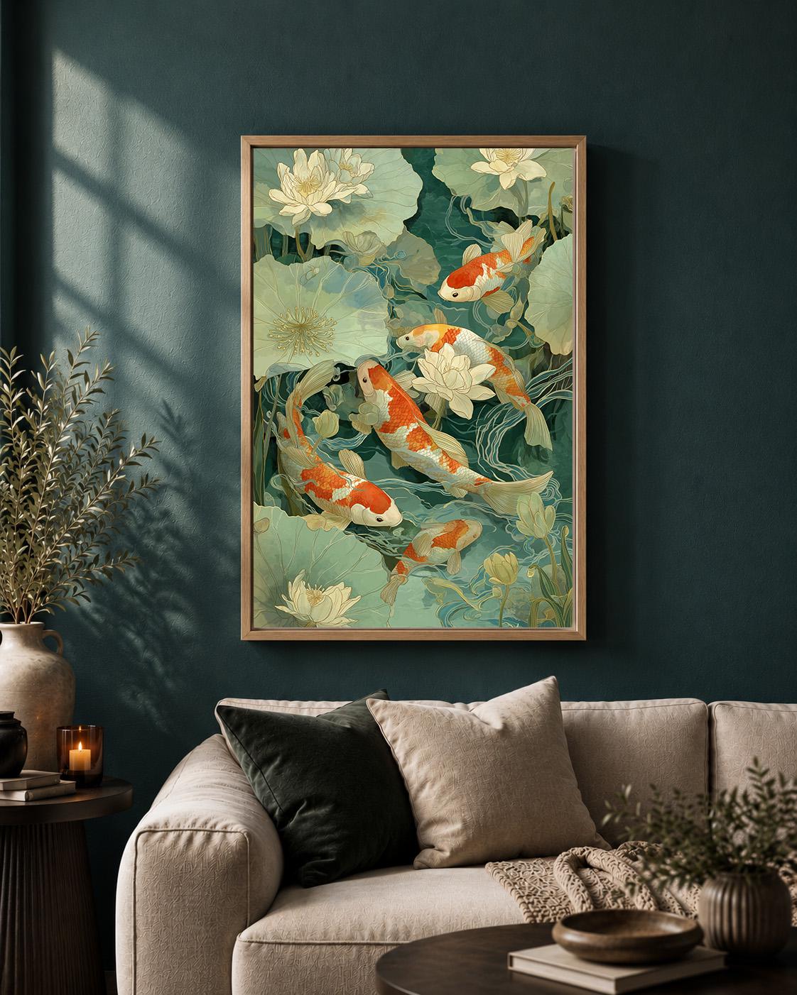 Koi Fish Lotus Pond Japanese Botanical Framed Canvas by The Wall Art Studio - physical