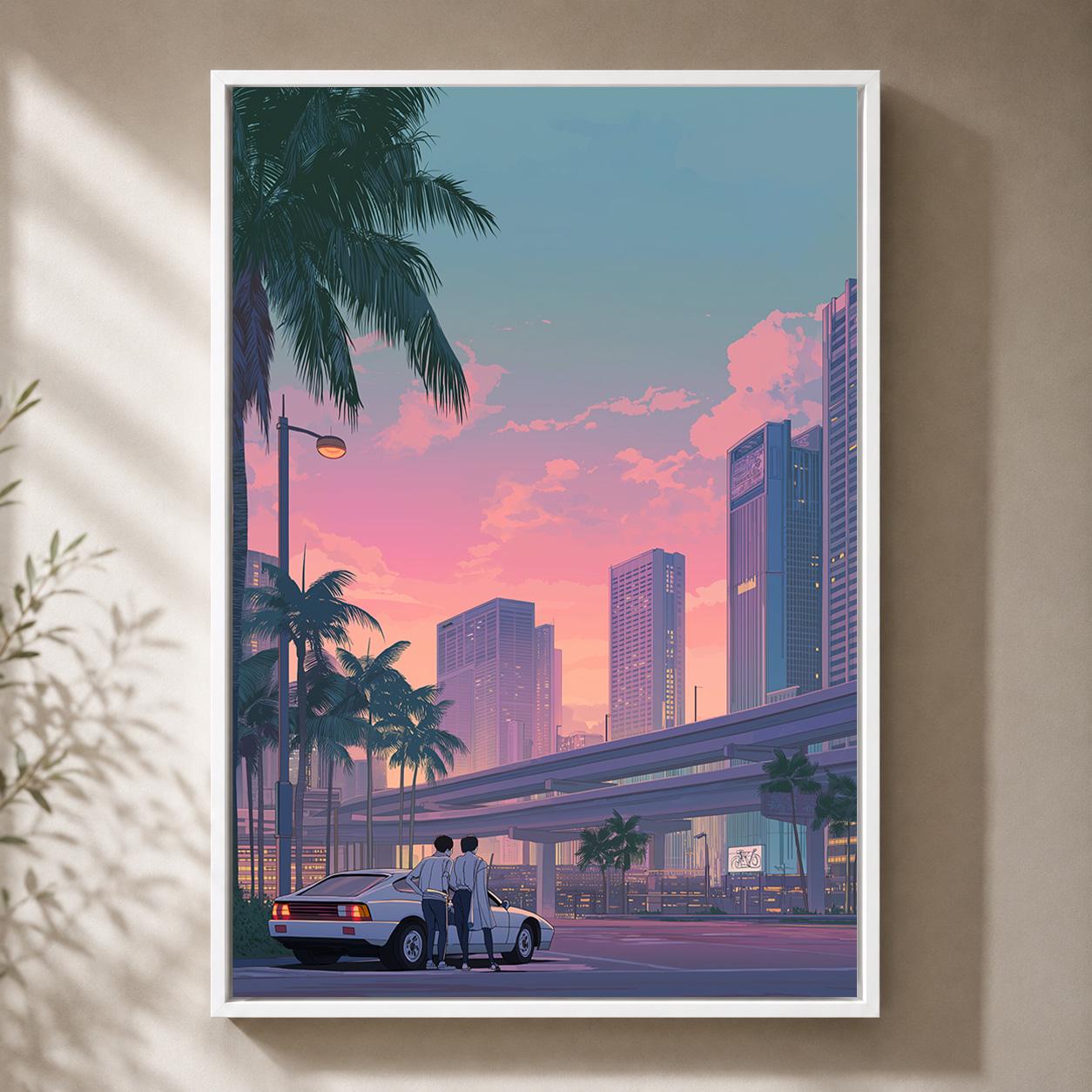 Retro Japanese City Pink Sunset Skyline 80s Vaporwave Framed Canvas by The Wall Art Studio - physical