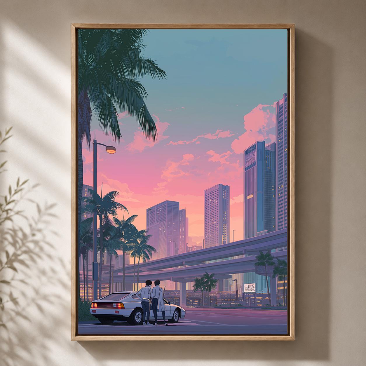 Retro Japanese City Pink Sunset Skyline 80s Vaporwave Framed Canvas by The Wall Art Studio - physical