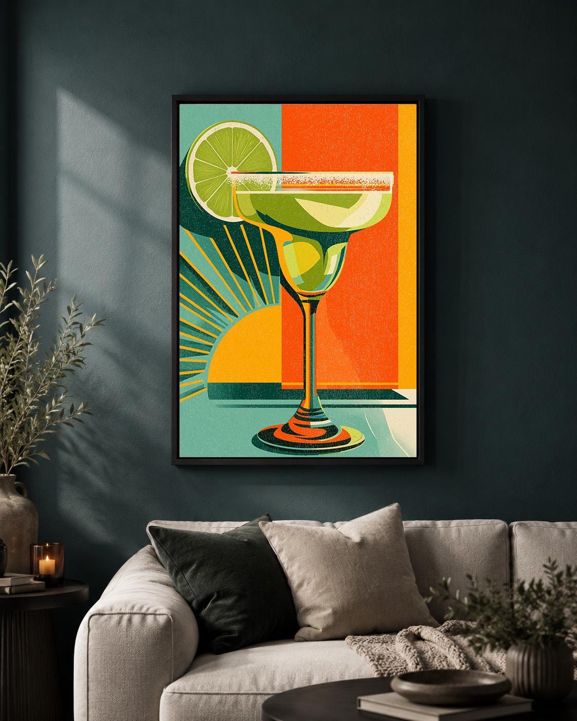 Retro Margarita Cocktail Mid Century Modern Bar Framed Canvas by The Wall Art Studio - physical