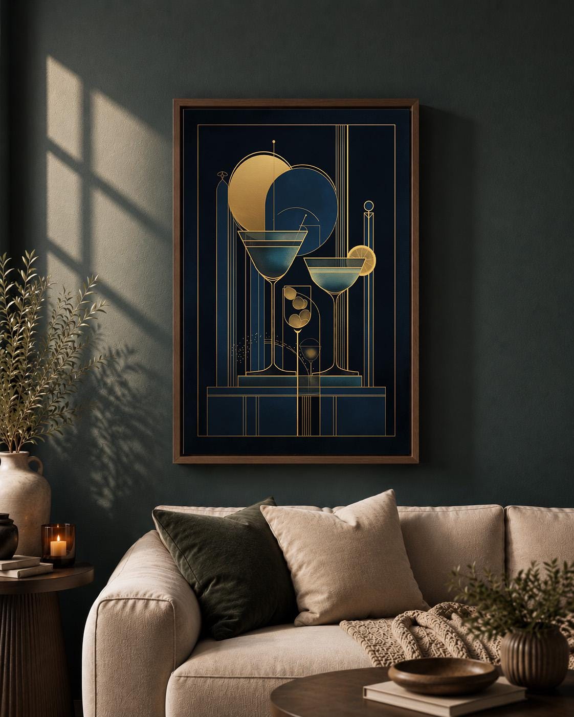 Art Deco Martini Navy Gold Bar Geometric Drinks Framed Canvas by The Wall Art Studio - physical