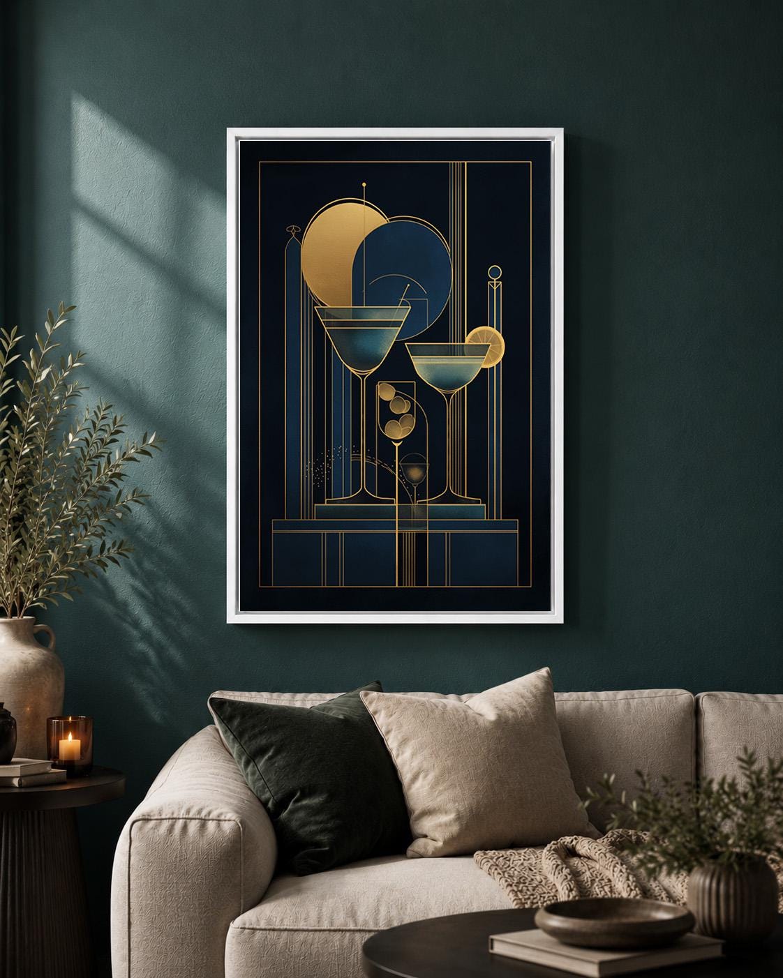 Art Deco Martini Navy Gold Bar Geometric Drinks Framed Canvas by The Wall Art Studio - physical