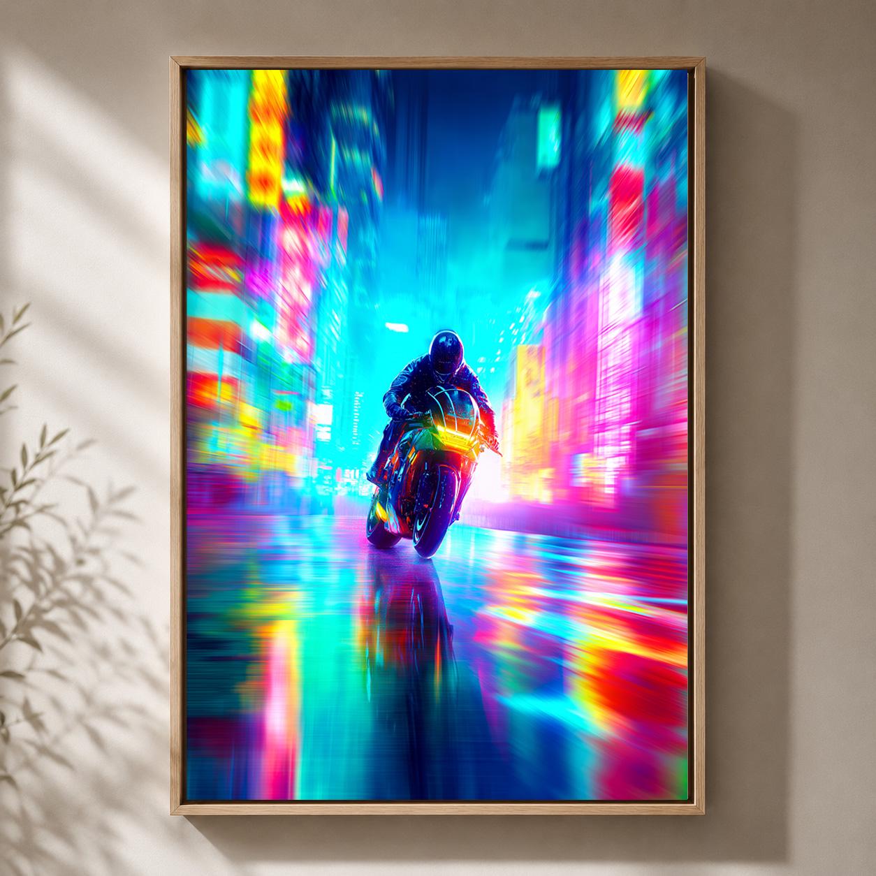Cyberpunk Motorcycle Neon City Futuristic Motorbike Vaporwave Framed Canvas by The Wall Art Studio - physical
