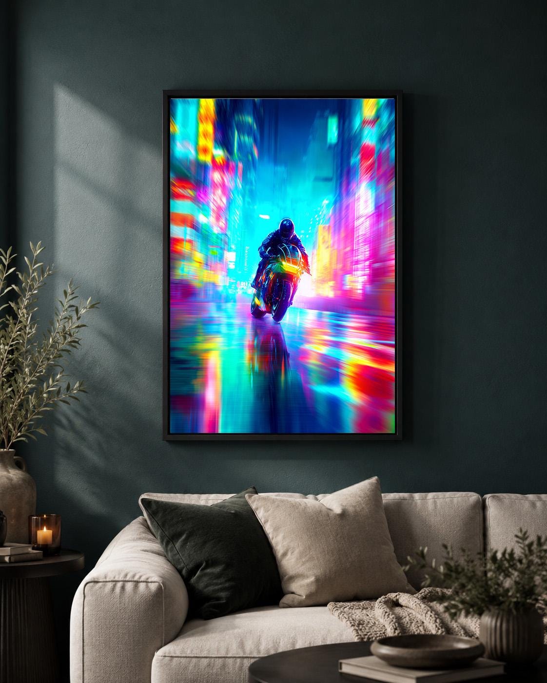 Cyberpunk Motorcycle Neon City Futuristic Motorbike Vaporwave Framed Canvas by The Wall Art Studio - physical