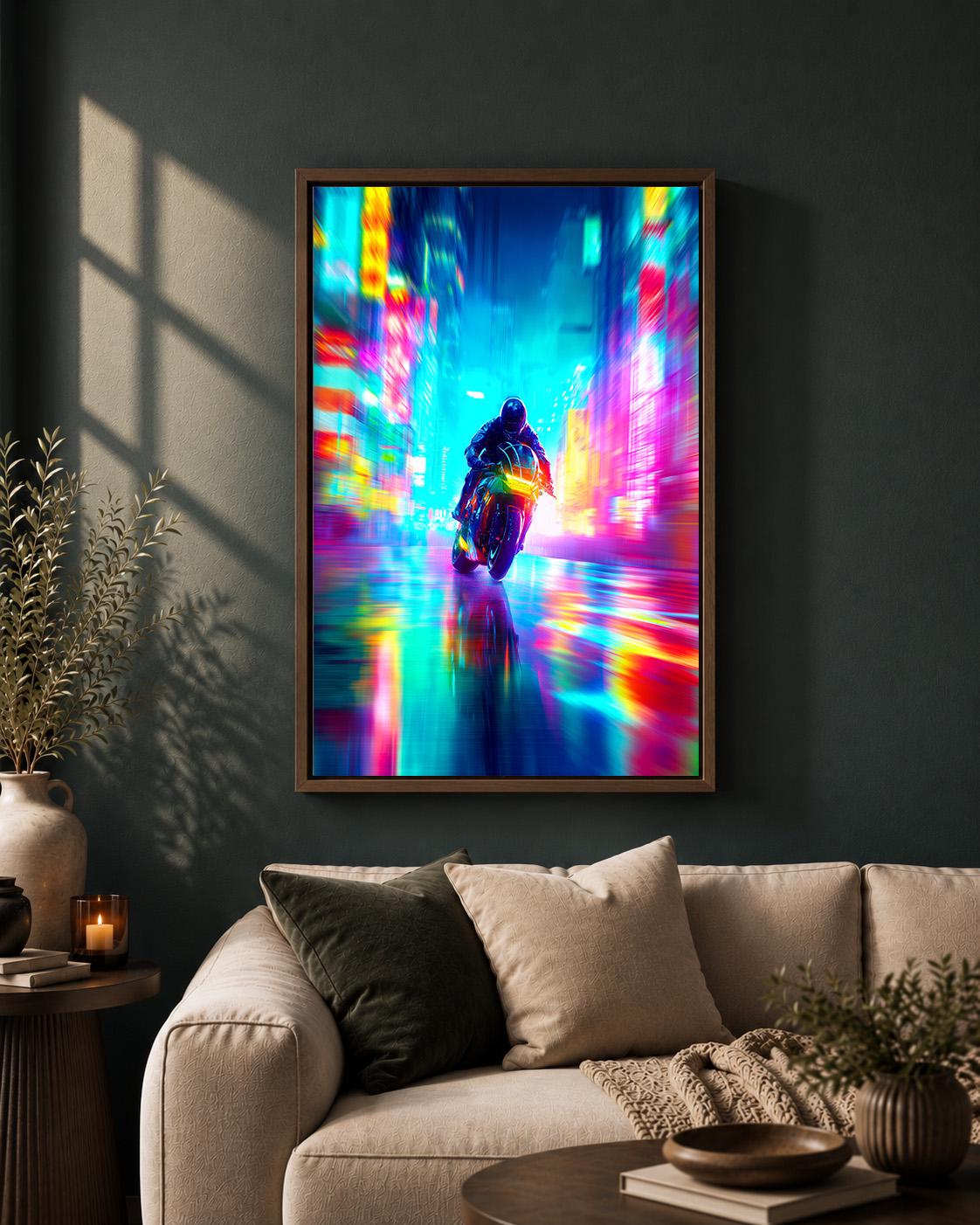 Cyberpunk Motorcycle Neon City Futuristic Motorbike Vaporwave Framed Canvas by The Wall Art Studio - physical