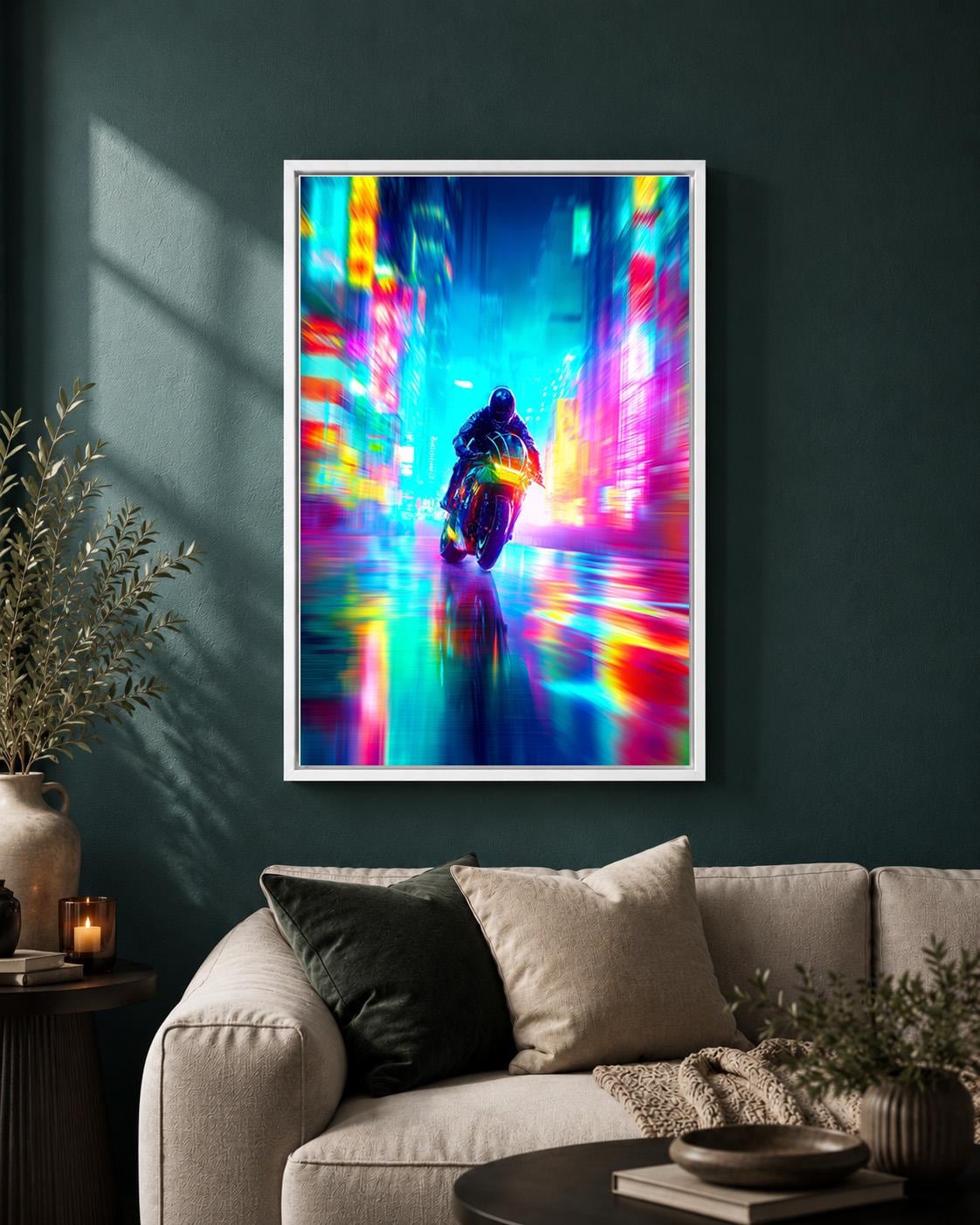 Cyberpunk Motorcycle Neon City Futuristic Motorbike Vaporwave Framed Canvas by The Wall Art Studio - physical