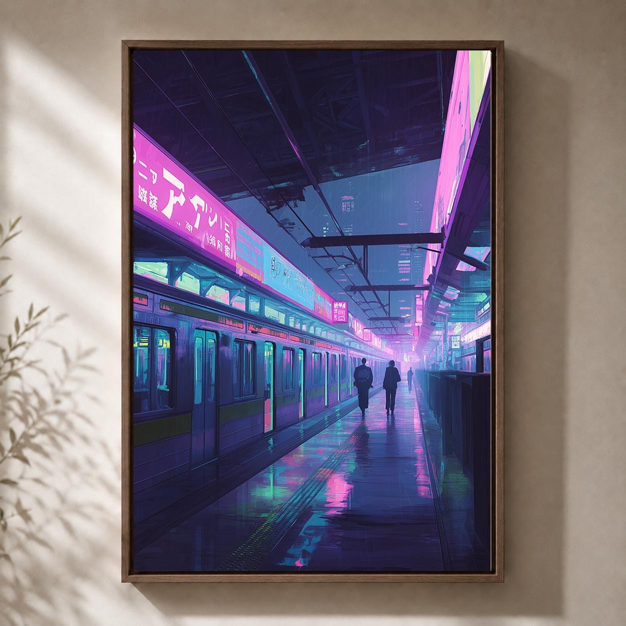 Cyberpunk Train Station Neon Japanese City Vaporwave Urban Framed Canvas by The Wall Art Studio - physical