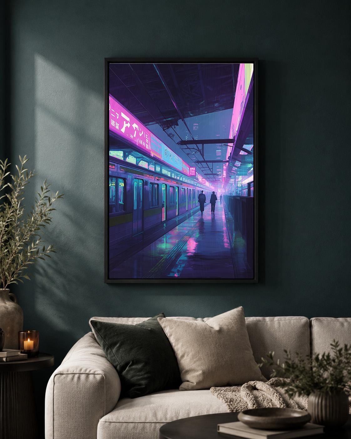 Cyberpunk Train Station Neon Japanese City Vaporwave Urban Framed Canvas by The Wall Art Studio - physical