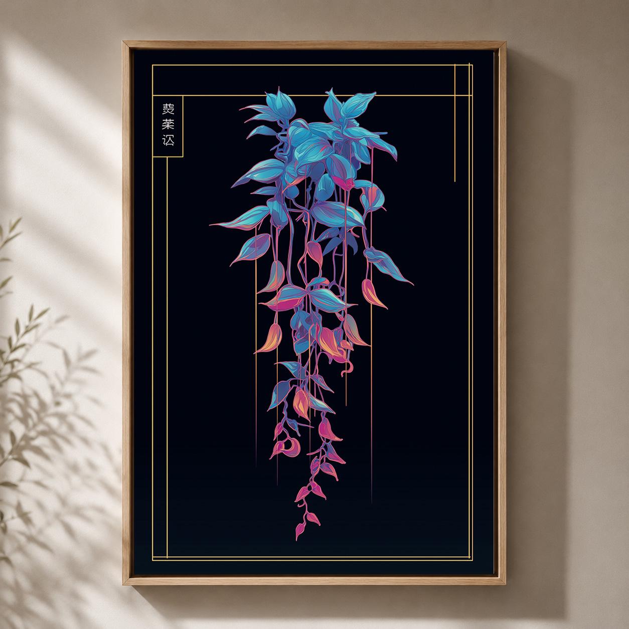 Cyberpunk Botanical Neon Hanging Plant Futuristic Vaporwave Framed Canvas by The Wall Art Studio - physical