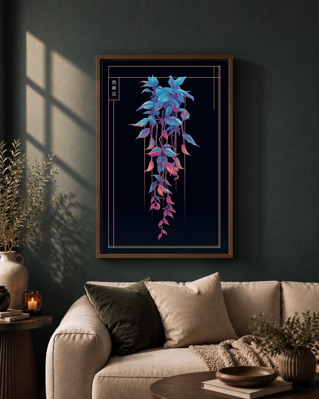 Cyberpunk Botanical Neon Hanging Plant Futuristic Vaporwave Framed Canvas by The Wall Art Studio - physical