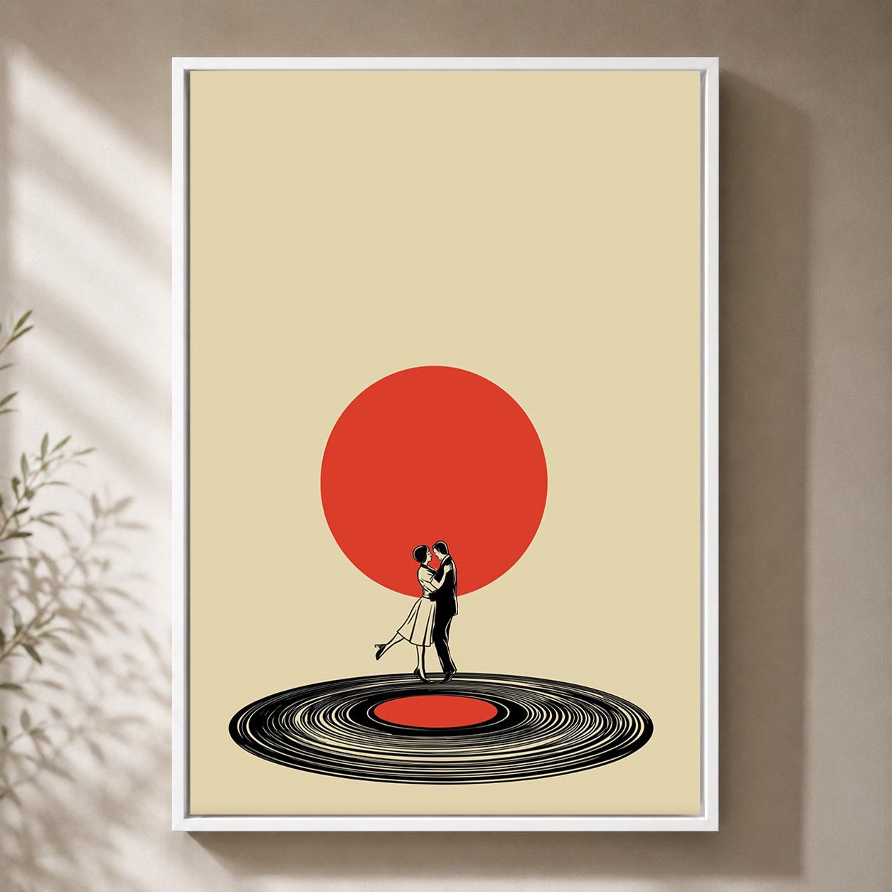 Retro Couple Vinyl Record Dance Mid Century Romantic Framed Canvas by The Wall Art Studio - physical