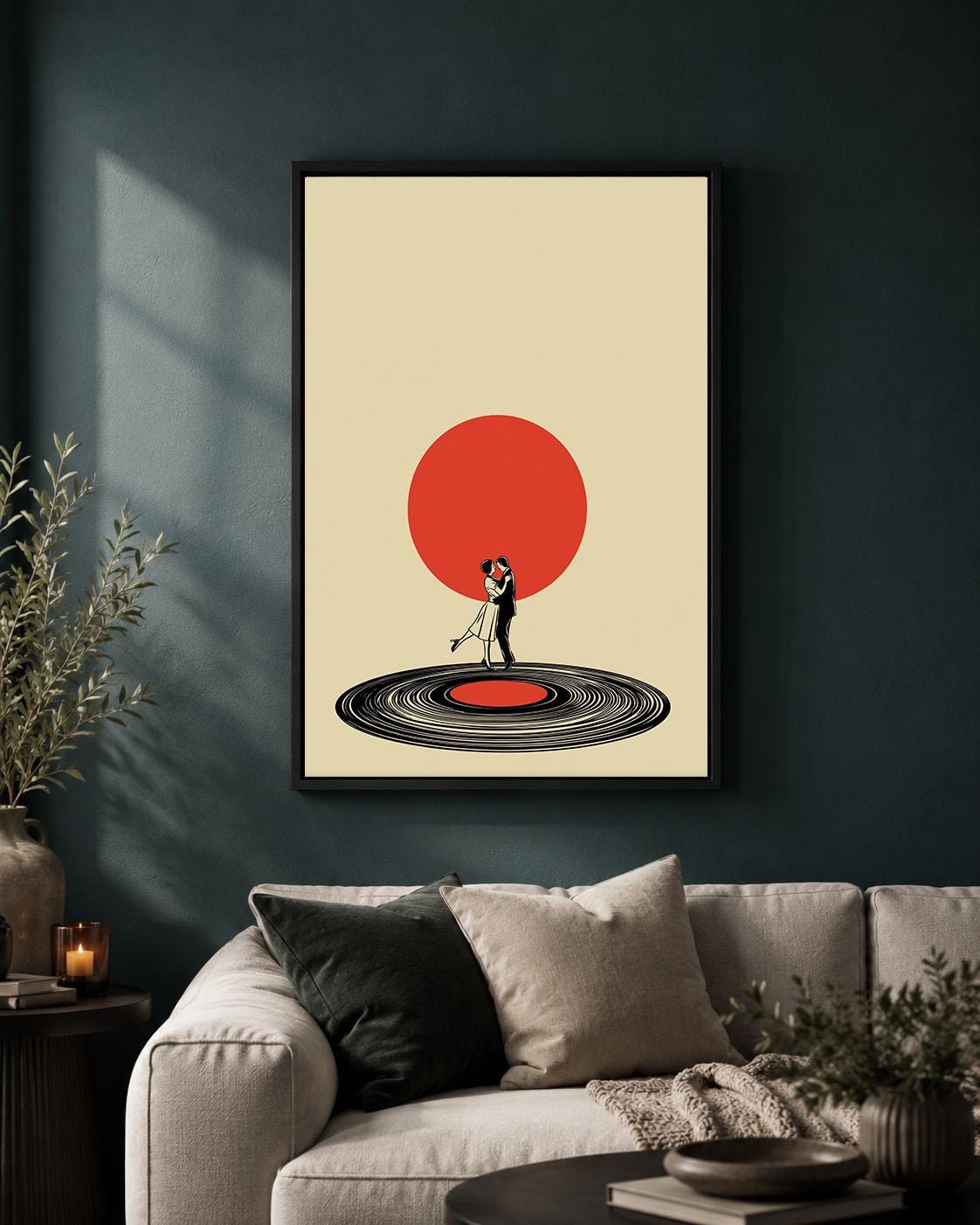 Retro Couple Vinyl Record Dance Mid Century Romantic Framed Canvas by The Wall Art Studio - physical