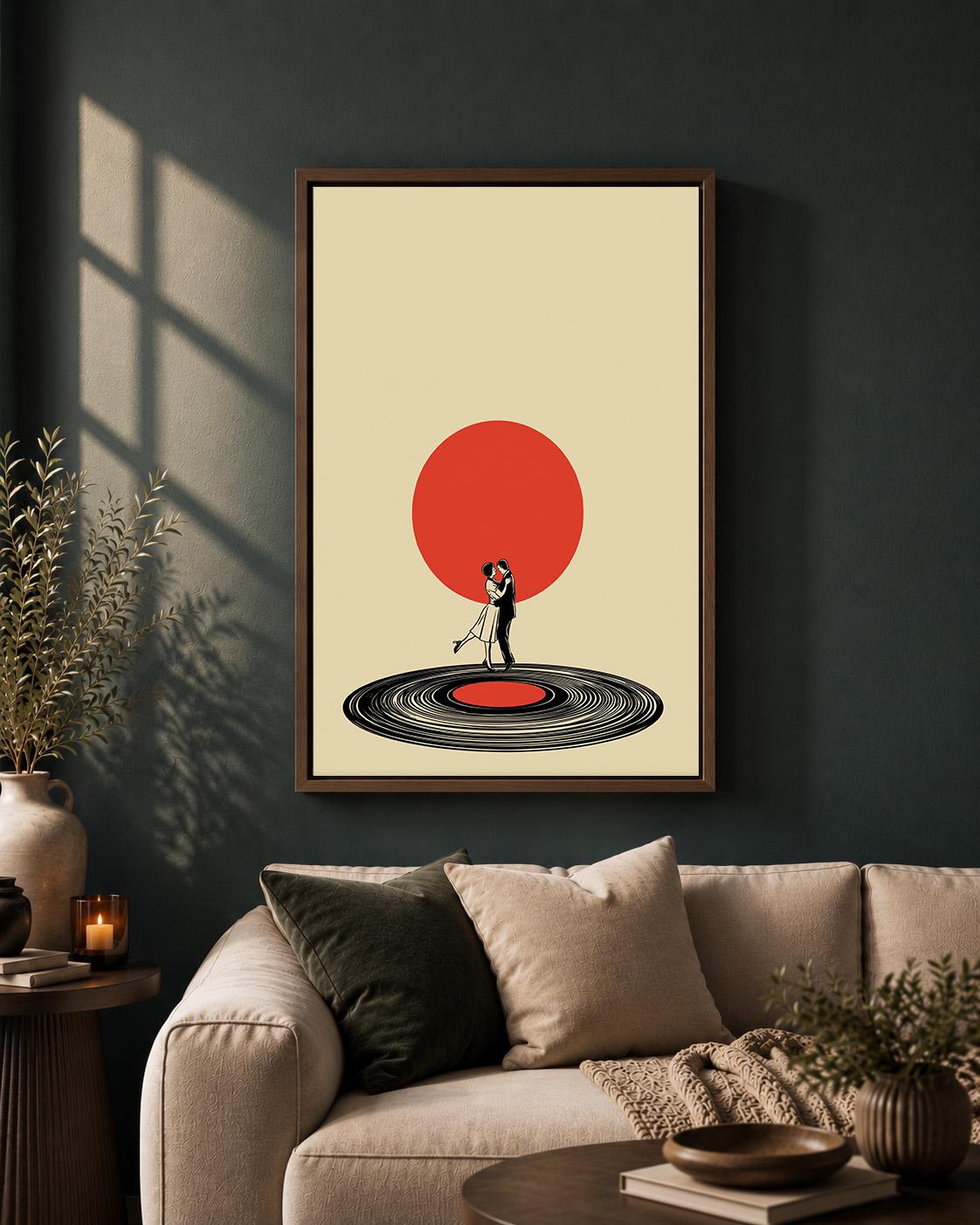 Retro Couple Vinyl Record Dance Mid Century Romantic Framed Canvas by The Wall Art Studio - physical