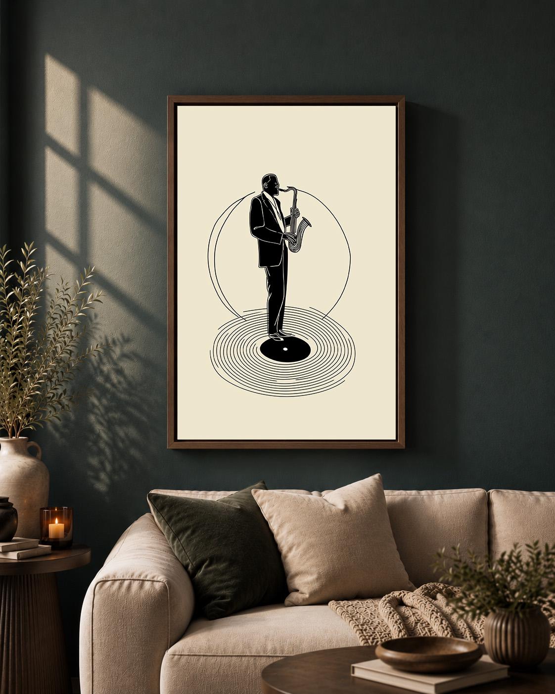 Jazz Saxophone Vinyl Record Retro Music Sax Player Framed Canvas by The Wall Art Studio - physical