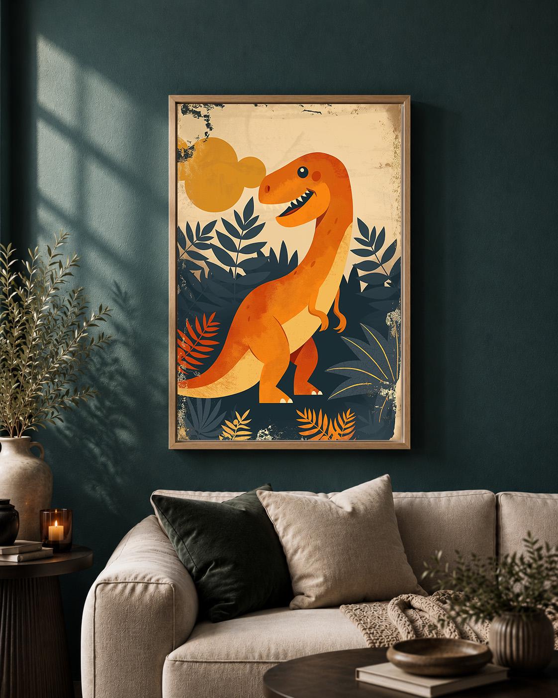 Orange T Rex Dinosaur Prehistoric Kids Nursery Framed Canvas by The Wall Art Studio - physical