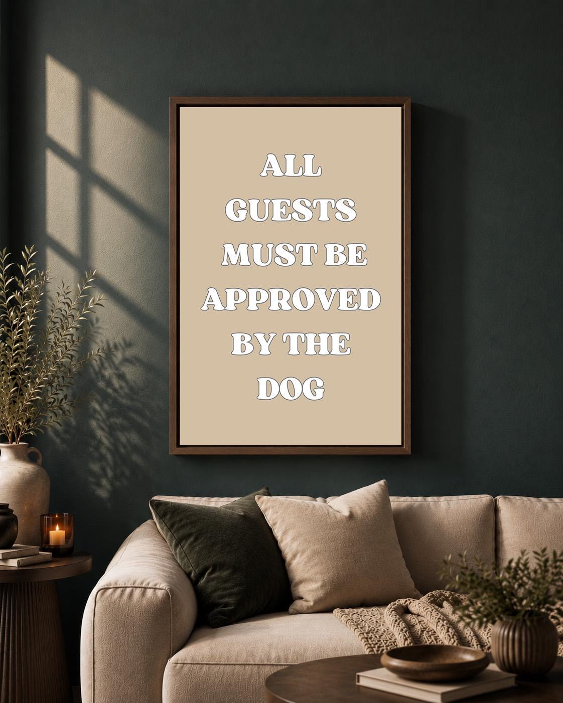 Funny Dog Quote "All Guests Must Be Approved by the Dog" Framed Canvas by The Wall Art Studio - physical