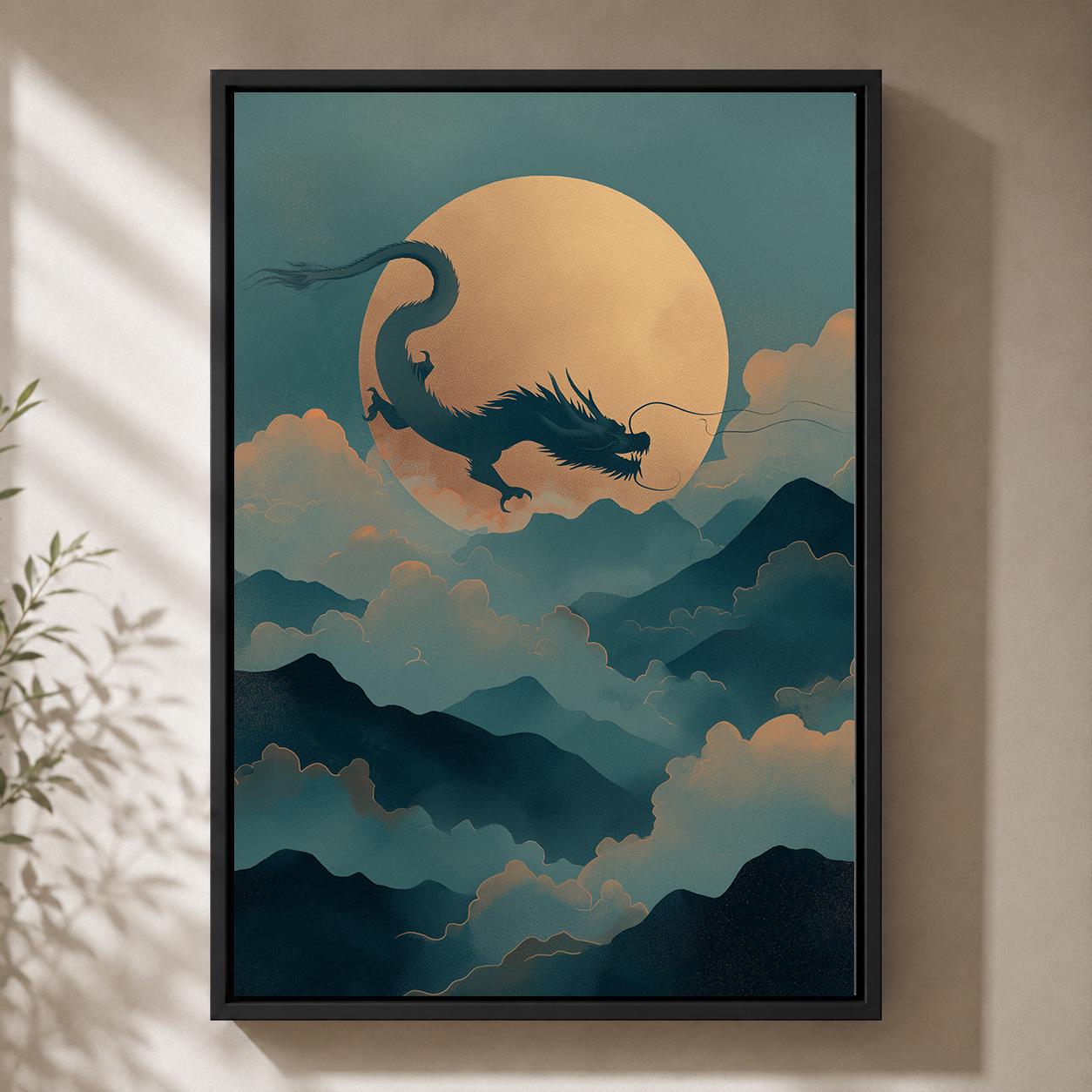 Chinese Moon Dragon Oriental Fantasy Asian Inspired Framed Canvas by The Wall Art Studio - physical