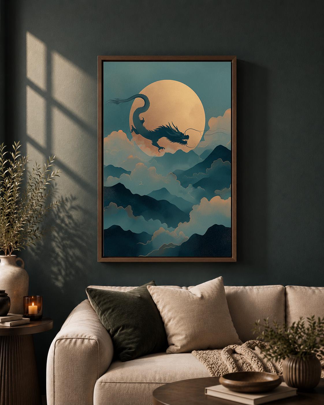 Chinese Moon Dragon Oriental Fantasy Asian Inspired Framed Canvas by The Wall Art Studio - physical