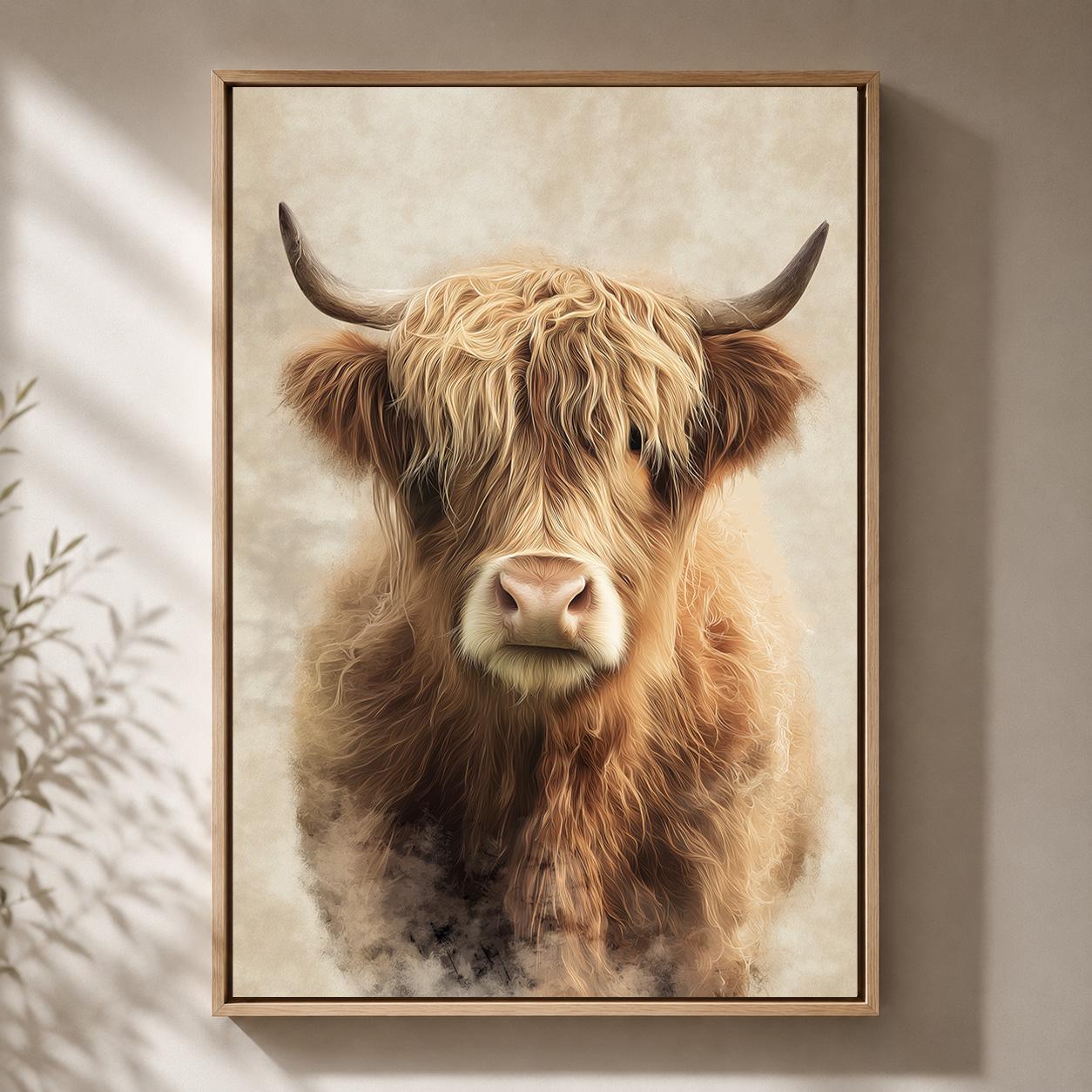 Highland Cow Neutral Farmhouse Scottish Highland Cattle Framed Canvas by The Wall Art Studio - physical