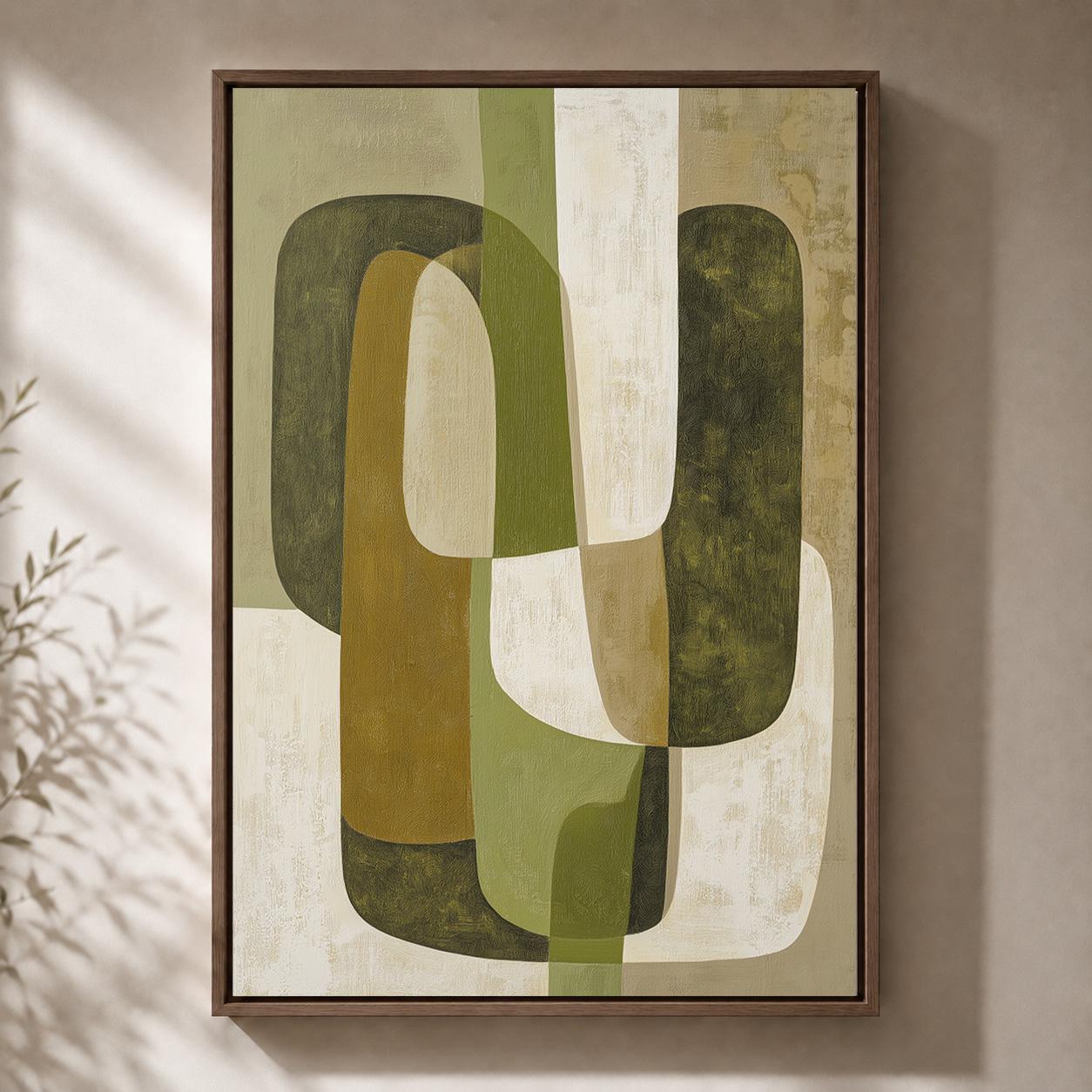 Mid Century Modern Geometric Abstract Green Framed Canvas by The Wall Art Studio - physical