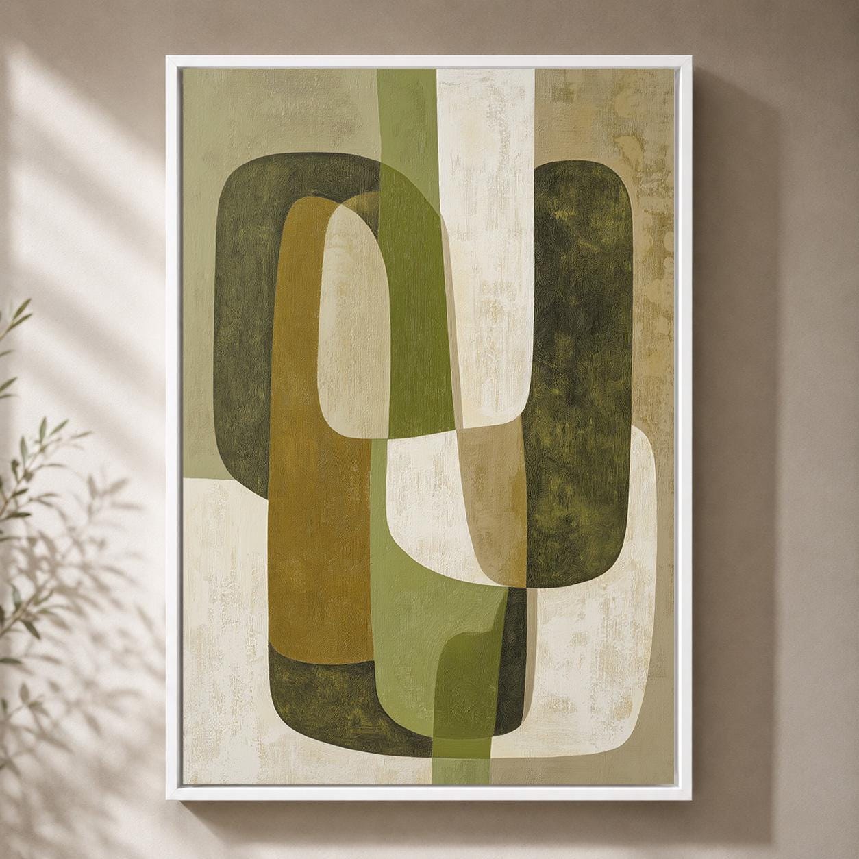Mid Century Modern Geometric Abstract Green Framed Canvas by The Wall Art Studio - physical