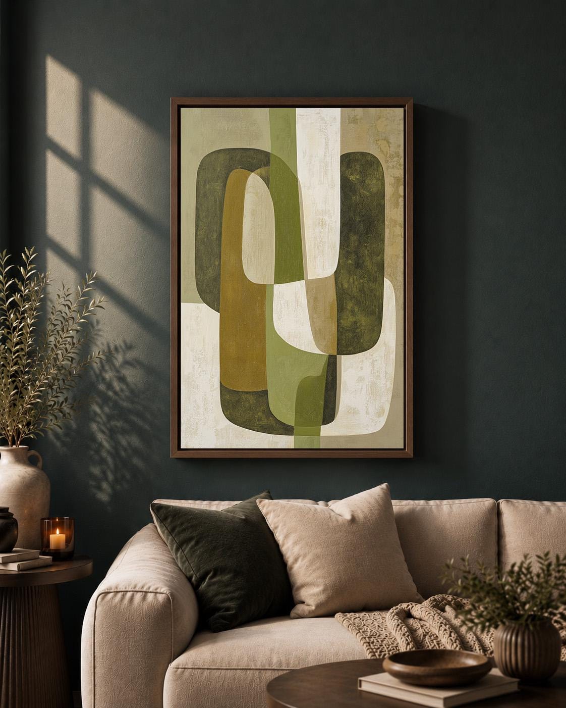 Mid Century Modern Geometric Abstract Green Framed Canvas by The Wall Art Studio - physical