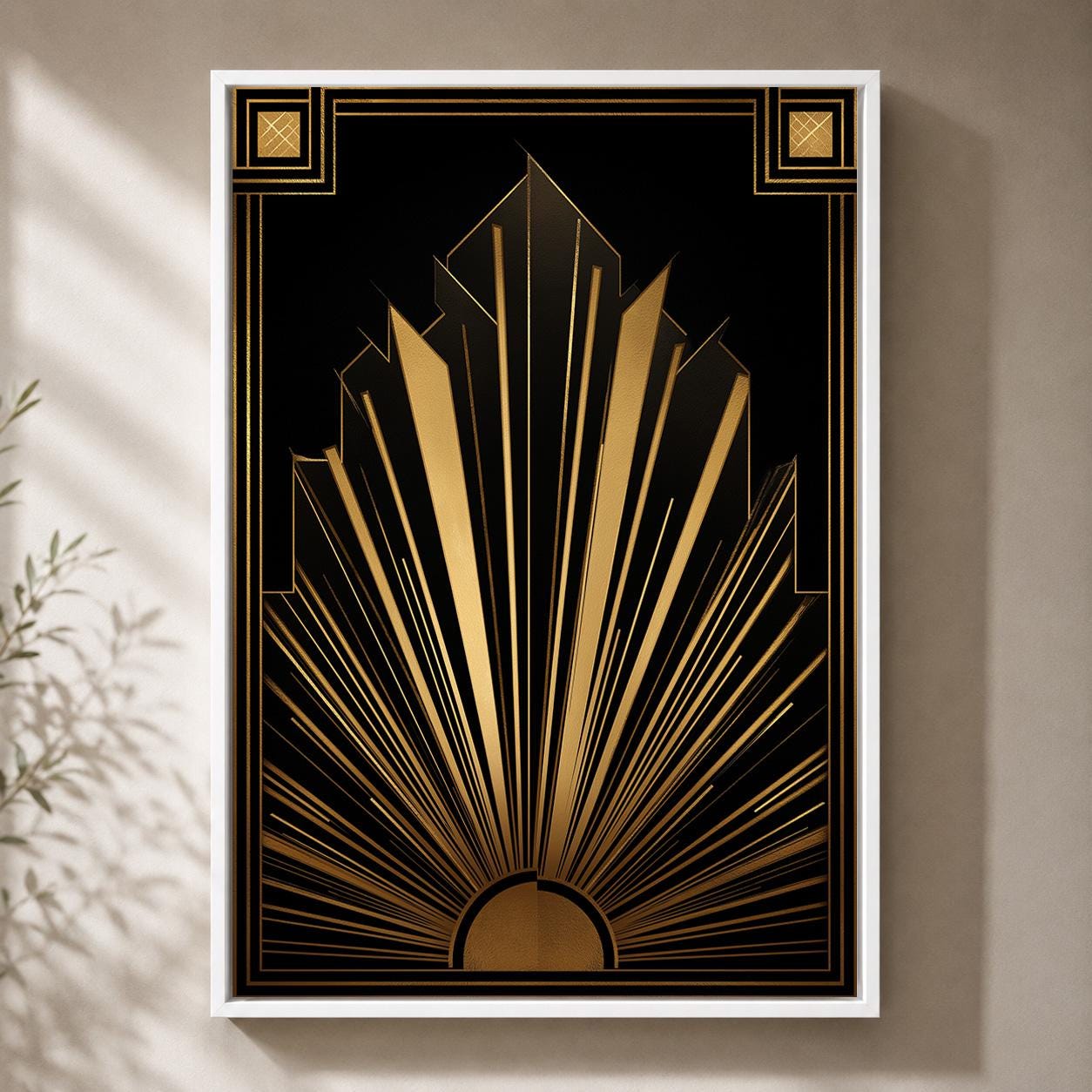 Black and Gold Art Deco Geometric Sunburst Gatsby Style Framed Canvas