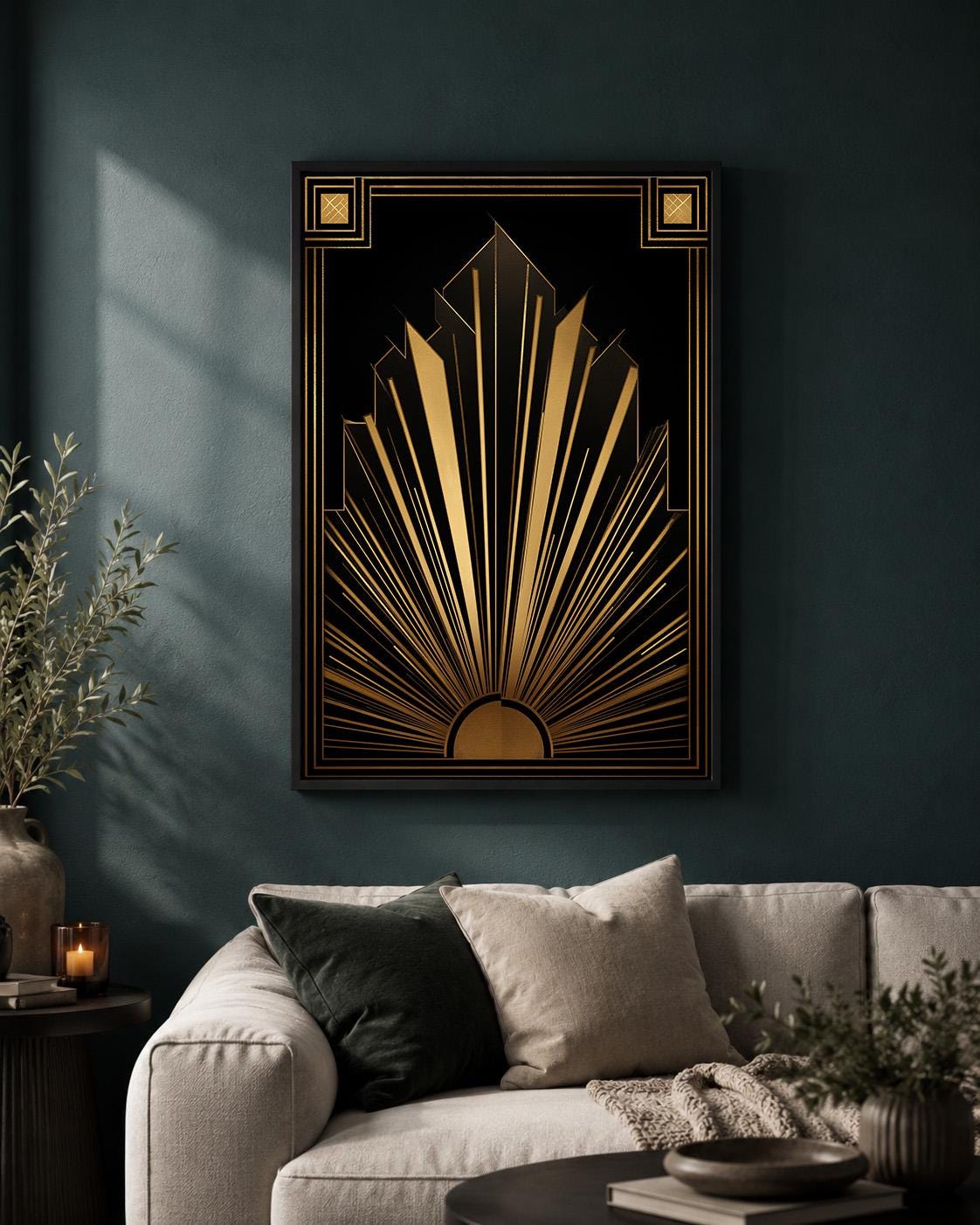 Black and Gold Art Deco Geometric Sunburst Gatsby Style Framed Canvas