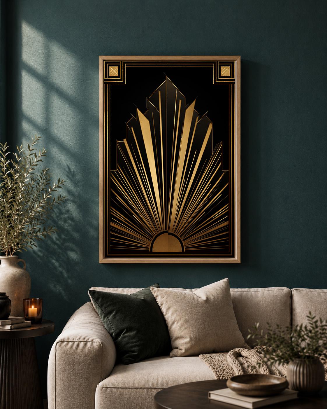 Black and Gold Art Deco Geometric Sunburst Gatsby Style Framed Canvas