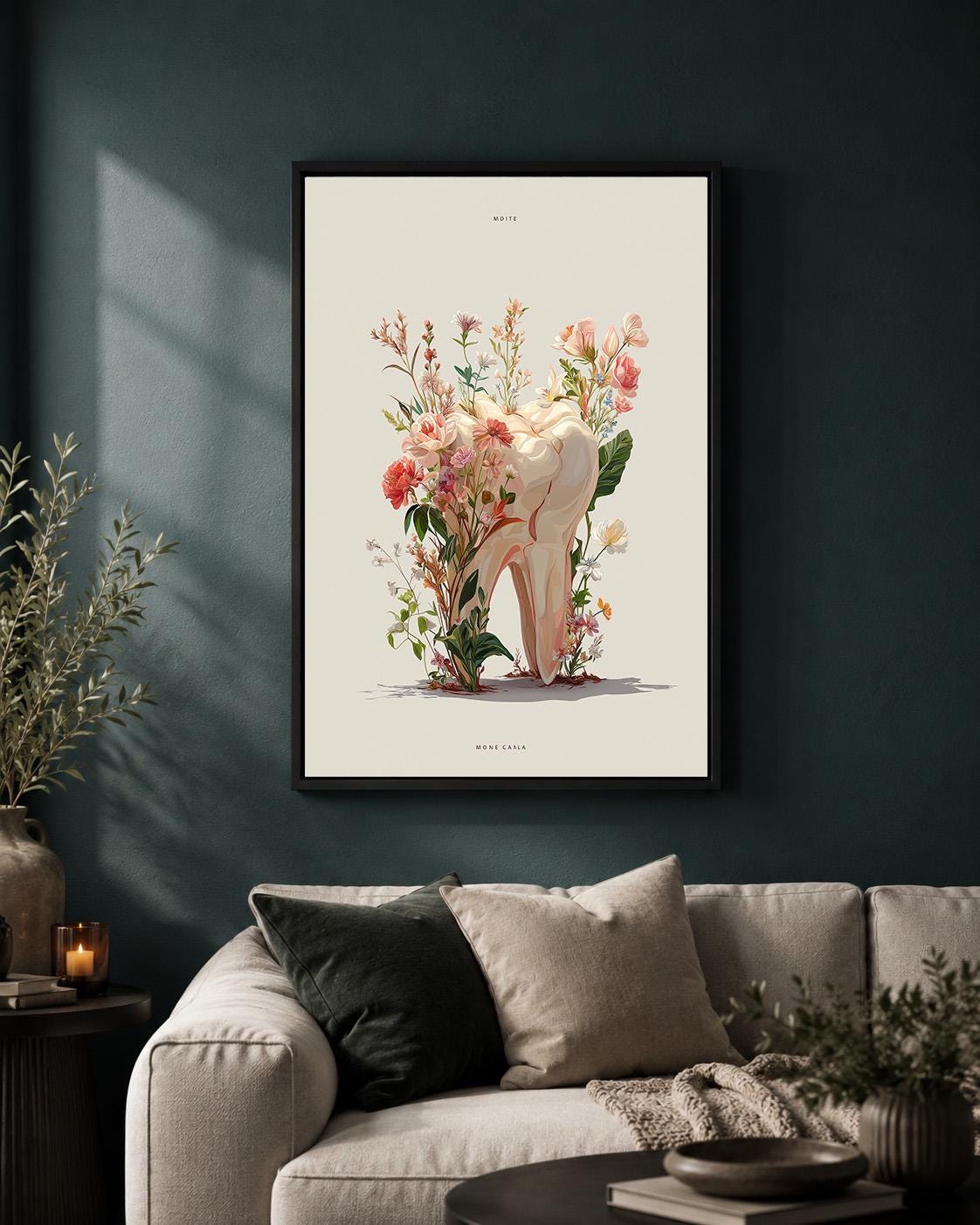 Floral Tooth Dental Clinic Botanical Dentistry Hygienist Office Wall Framed Canvas