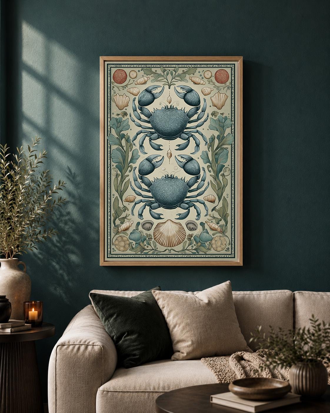Vintage Crab Coastal Nautical Seashell Ocean Framed Canvas