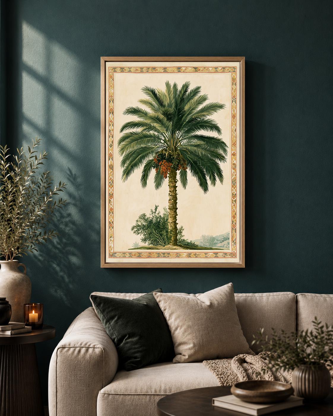 Vintage Palm Tree Tropical Botanical Mediterranean Coastal Framed Canvas