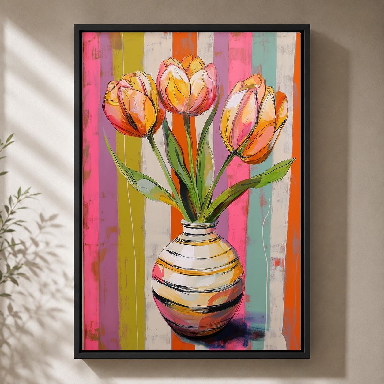 Colourful Tulip Pink & Orange Floral Striped Vase Maximalist Framed Canvas