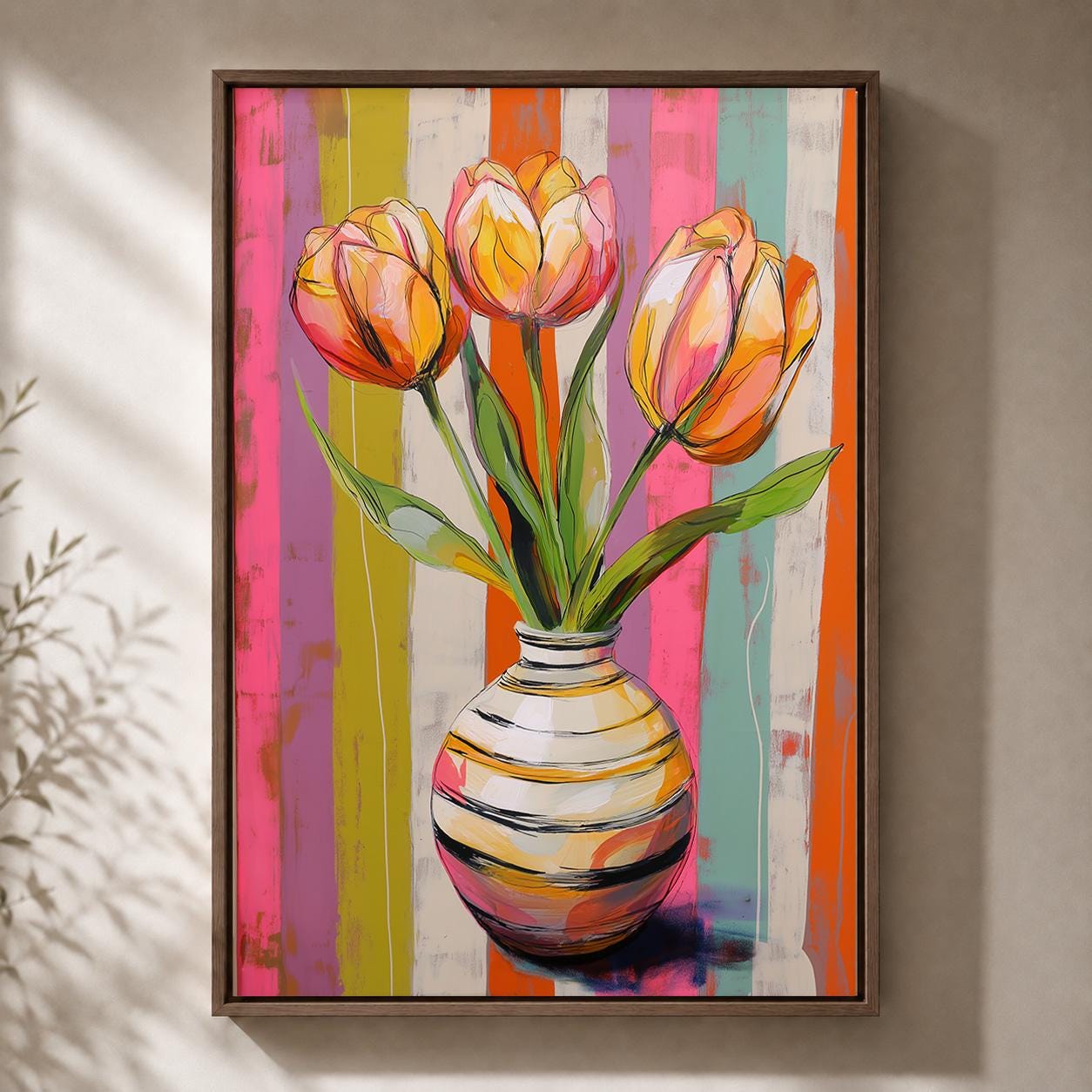 Colourful Tulip Pink & Orange Floral Striped Vase Maximalist Framed Canvas